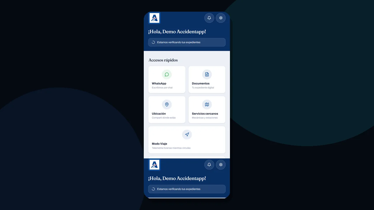 Captura de AccidentApp en una pantalla de inicio identificada como demostración.