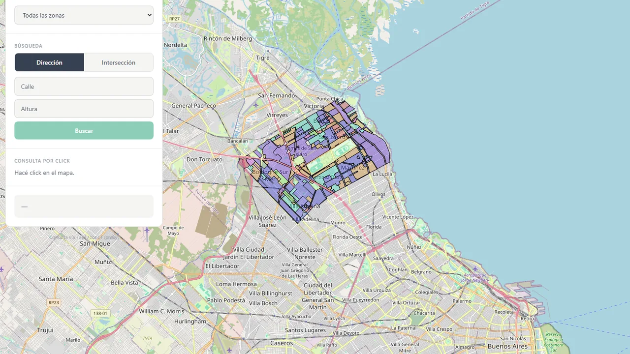 Captura del mapa de zonificación de San Isidro, con búsqueda por dirección y zonas coloreadas.