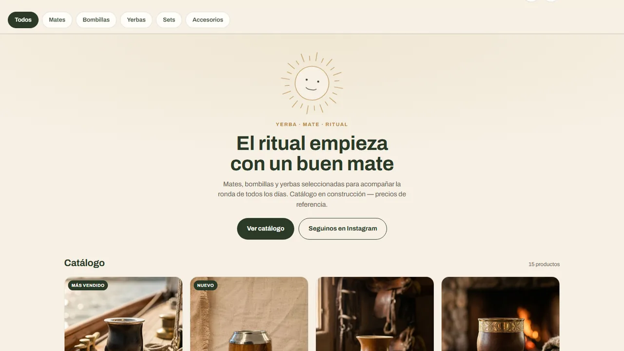 Captura del catálogo online de Matemaena, con mates, bombillas y yerbas.