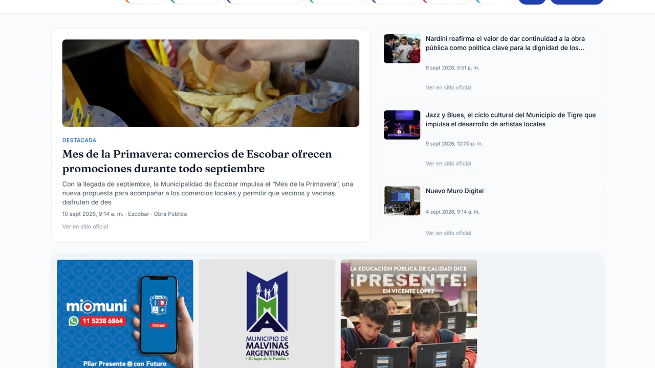 Captura del portal MiMuni con noticias municipales del Conurbano Norte.