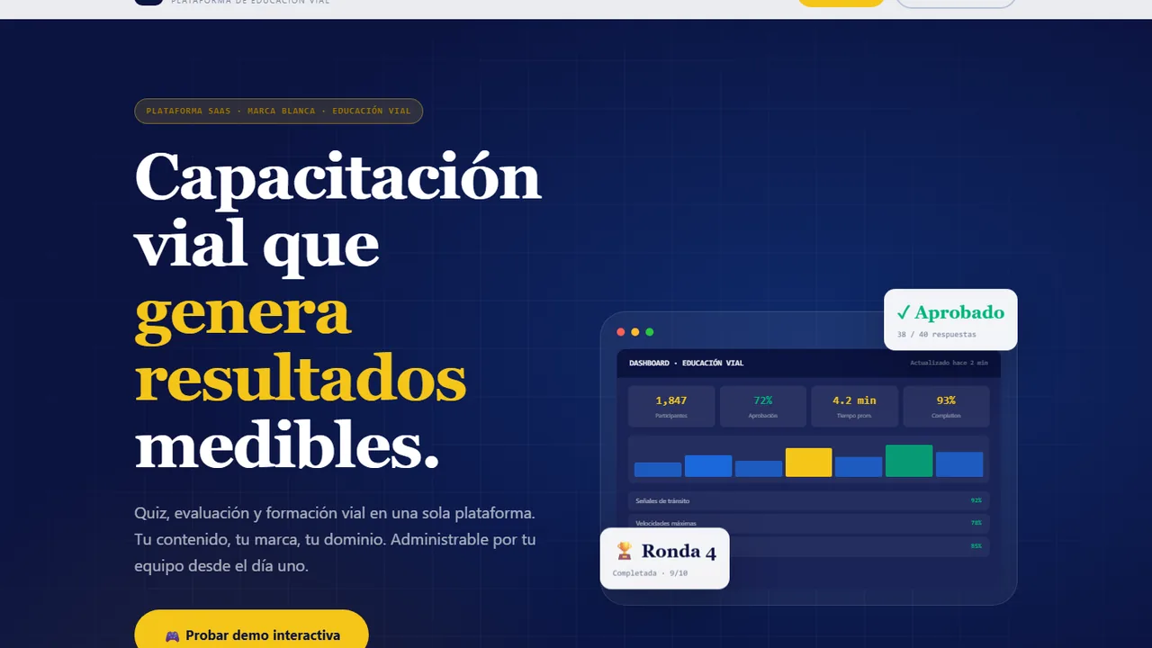 Captura de la página pública de Test de Manejo, plataforma de educación vial.